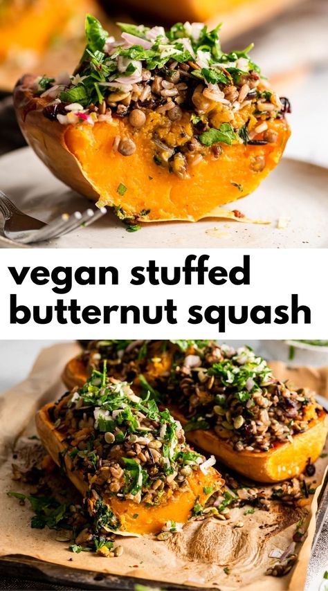 Kale Mushroom, Stuffed Butternut Squash, Stuffed Butternut, Rice Lentils, Butternut Recipes, Stuffed Vegetables, Soft Challenge, 75 Soft, Meatless Main Dishes