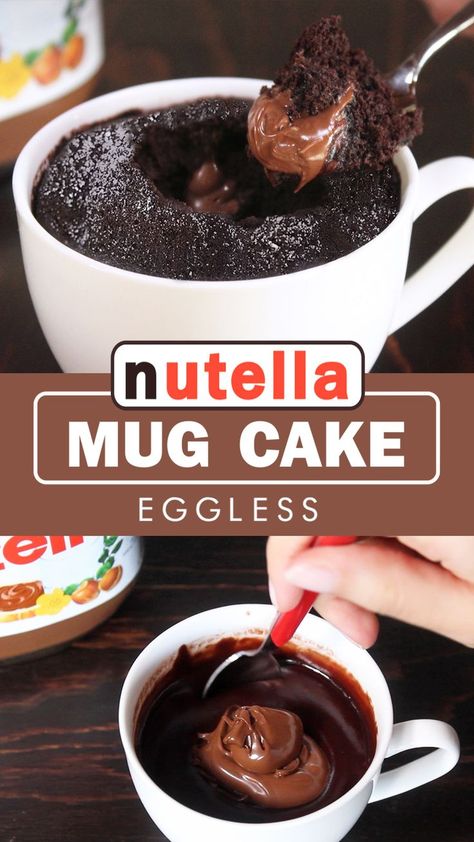 Follow the recipe video on How Tasty YouTube channel! Printable recipe on www.how-tasty.com Quick and Easy, this rich and moist chocolate mug cake has an irresistible creamy Nutella center and it's ready in 1 minute!! The perfect treat for your last minute craving! Eggless Mug Cake, Moist Chocolate Mug Cake, Mug Cake Eggless, Nutella Desserts Easy, Chocolate Treats Easy, Microwave Mug Recipes, Nutella Filling, Nutella Recipes Easy, Nutella Mug Cake