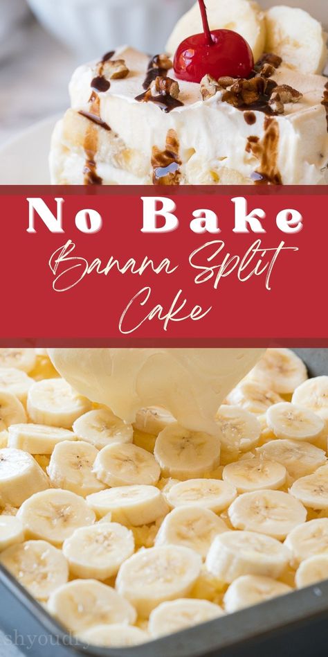 This No Bake Banana Split Cake is filled with layers of pineapple, banana and cheesecake for an easy and delicious dessert! Banana Sundae Dessert, Banana Split Cake With Pudding, Banana Split Icebox Cake, Banana Split Dessert With Pudding, Banana Split Cheesecake Recipes, Banana Split Delight, No Bake Banana Split Cake Recipe, No Bake Banana Split Cheesecake, Banana Pudding With Graham Crackers