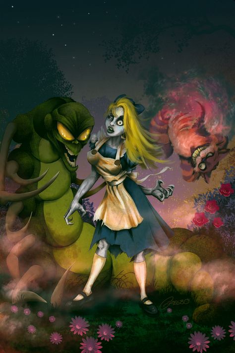 Zombie Alice by Gregbo Watson, via Behance Twisted Disney Princesses, Evil Princess, Alice In Wonderland Illustrations, Disney Horror, Evil Disney, The Cheshire Cat, Zombie Disney, Zombie Art, Alice Madness