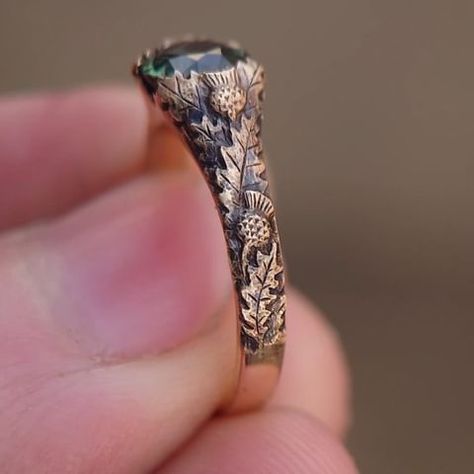 Andrew Ashcroft (@ashcroftjewellery) • Instagram photos and videos Vintage Rings Antiques, Outlander Ring, Vine Engagement Ring, Thistle Ring, Ring Ideas, Jewelry Lookbook, Antique Engagement Rings, Green Sapphire, Unique Ring