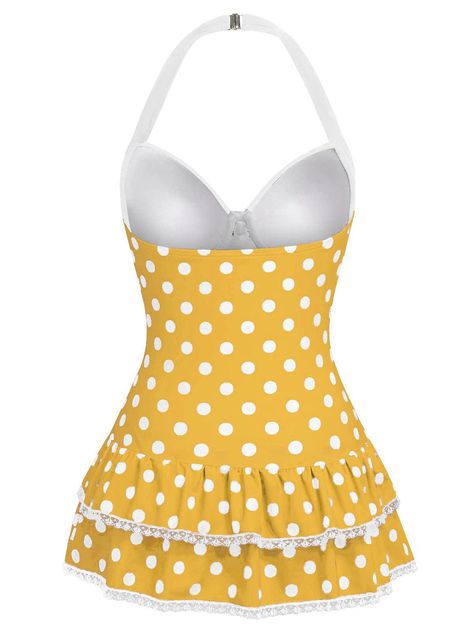 Brown 1940s Halter Polka Dots Bow Swimsuit | Retro Stage 70s Bathing Suit, 60s Swimsuit, 50s Swimsuit, Cutesy Clothes, Swim Costume, Bow Swimsuit, Pretty Items, Retro Stage, Kawaii Outfit Ideas