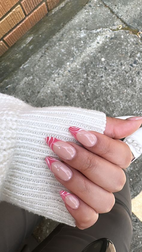 Swirl French Tip Nails Almond, French Tip With Swirl Nails, Almond French Tip Nails Ideas, Pink Swirl French Tip Nails, French Swirl Nails, Swirl French Tip Nails, Acrylic Nails Almond Shape, Pink Chrome Nails, Lots Of Food