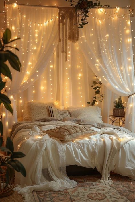 29 Boho Bedroom with Curtain Lights Ideas for a Dreamy Ambiance 22 Curtains On Slanted Ceiling, Bedroom Curtains Aesthetic, Christmas Ceiling Decor, Curtain Lights Bedroom, Bedroom With Curtains, Boho Bedroom Lighting, Cozy Romantic Bedroom, Layering Curtains, Sun Bedroom