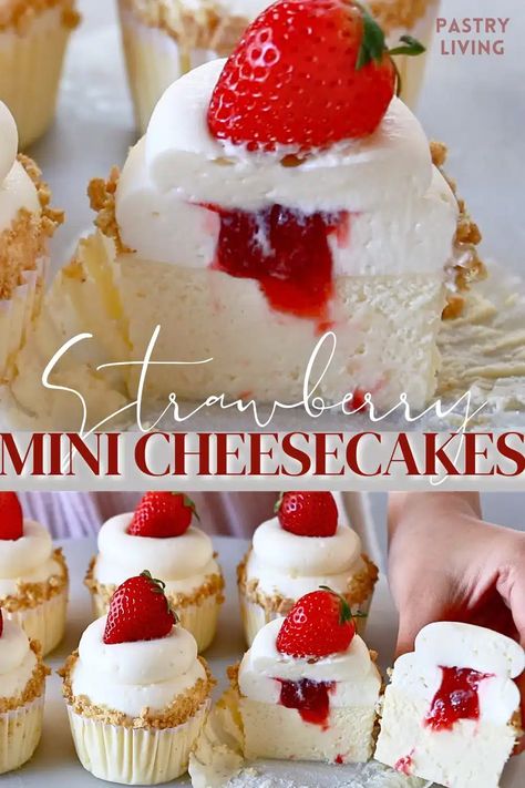 Learn how to make amazing strawberry mini cheesecakes with simple steps. The smooth cheesecake with fluffy cream & homemade jam tastes divine! Whipped Cream Homemade, Smooth Cheesecake, Cheesecake Cupcake, Strawberry Cheesecakes, Mini Strawberry Cheesecake, Mini Cheesecakes Easy, Snack Dinner, Homemade Strawberry Jam, How To Make Cheesecake