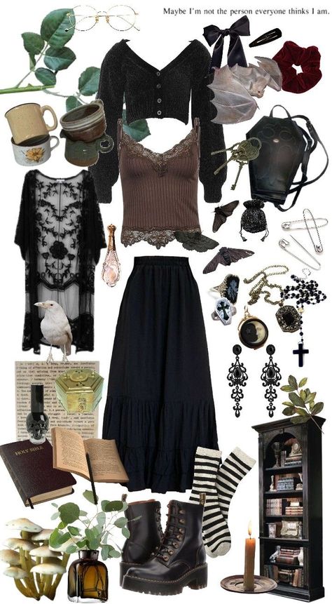 Witchy Cottage Core Aesthetic Outfit, Season Of The Witch Aesthetic Outfit, Goth Hippy Aesthetic, Dark Earthy Witchy, Simple Witchy Outfit, Mystical Goth Aesthetic, Witchy Wardrobe Essentials, Woodland Goth Aesthetic Outfits, Witch Asethic Outfits