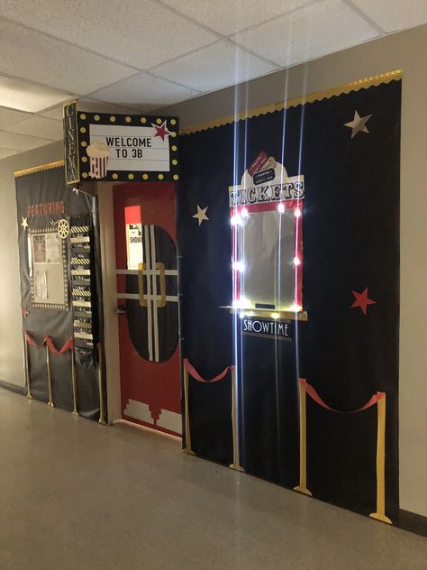 Movie theater classroom with working ticket booth lights! Classroom Drive In Movie, Classroom Movie Party, School Gym Movie Night, Movie Theater Door Decoration, Classroom Movie Theater, Movie Theater Ticket Booth, Movie Theater Decorations Party, Movie Theatre Decorations, Movie Classroom Transformation