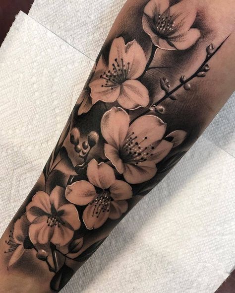 Dark Skin Sleeve Tattoo, Orchid Flower Tattoos Black And White, Shaded Flowers Tattoo, Cherry Blossom Black Tattoo, Flower Tattoos Shaded, Negative Space Floral Tattoo, Advance Black And Grey Tattoo, Flower Realism Tattoo, Realism Floral Tattoo