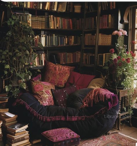 Boho Whimsigoth Living Room, Dark Room Decor Aesthetic, Maximalist Cozy Decor, Book Corner Apartment, Dark Witchy Room Aesthetic, Witch Core Living Room, Cohesive Maximalism, Dark Romantic Apartment, Goth Punk Bedroom