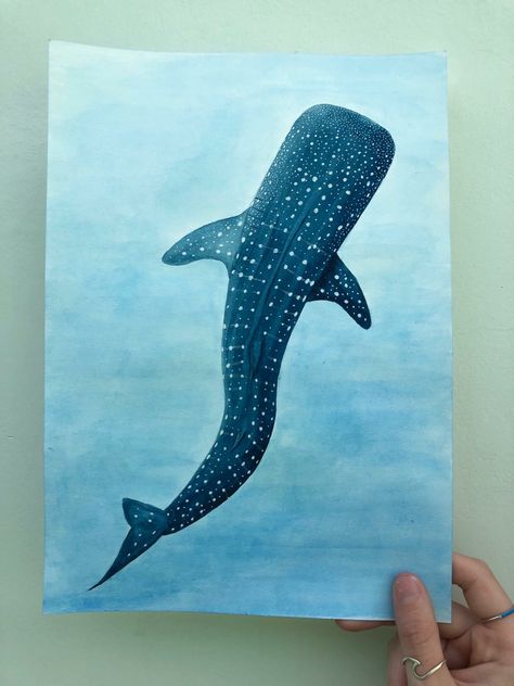 Whale-shark on Wathercolor Paint. #wathercolor #whaleshark #shark #sea Sea Animals Painting Acrylic, Bikinis Box Painting Whale Shark, Whale Shark Simple Drawing, Whale Shark Watercolor Paintings, Ocean Animals Painting Acrylic Easy, Whale Painting Acrylic Easy, Simple Whale Painting, Drawing Whale Shark, Shark Painting Acrylic Easy