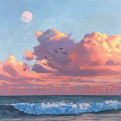 Moon Banner, Cloud Painting Acrylic, Sunset Painting Acrylic, 2023 Art, Pastel Sunset, Lovely Photo, Pastel Sky, Landscape Art Painting, Sky Painting