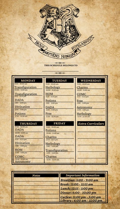 Hogwarts Timetable, Harry Potter Script, Harry Potter Classes, Hogwarts Classes, Harry Potter Scrapbook, Harry Potter School, Citate Harry Potter, Harry Porter, Harry Potter Printables