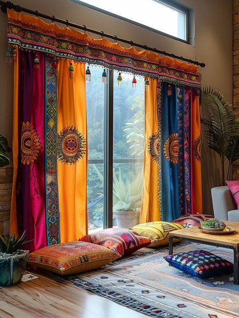 16 Boho Curtain Designs for the Free Spirit - H.M.G Cortina Boho, Cortinas Boho, Homemade Curtains, Bohemian Room Decor, Setting The Mood, India Home Decor, Fabric Hanging, Boho Style Decor, Bohemian Furniture