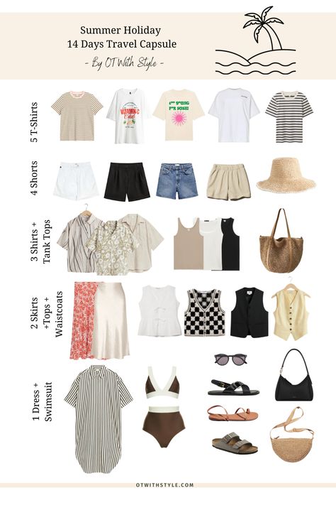 What to pack for a fourteen-day summer vacation? Pack with me a summer travel capsule wardrobe in a casual minimalist style using the 5-4-3-2-1 packing system. 5 Day Travel Wardrobe Summer, Summer Packing List 1 Week Beach, Packing 5 4 3 2 1, 3 Day Beach Trip Outfits, Capsule Summer Wardrobe Travel Packing, 5 4 3 2 1 Packing Summer, Summer Outfit Vacation, How To Pack For Vacation, 5 4 3 2 1 Packing