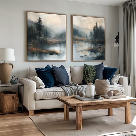 Blue Gray Room Ideas, Nordic Prints Art, Mountain Coastal Decor, Elegant Lake House Decor, Lake Cabin Living Room, Up North Cabin Decor, Cozy Lake House Living Room, Neutral Living Room With Blue Accents, Slate Blue Living Room