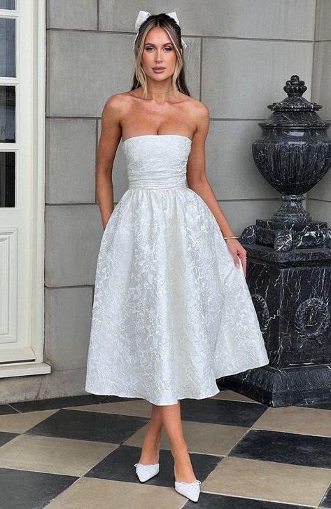 Dresses | Buy Dresses Online – BABYBOO Wedding Tea Length Dress, Sachin & Babi Gemma Strapless Back-bow Pearl Midi Dress, Bridal White Outfits, Adult Confirmation Dresses, White Dress After Party, Rehearsal Dinner Dress Fall Bride, Square Neck Reception Dress, Rehearsal Dinner Dress Classy, Rehersal Dinner Outfit Bridal