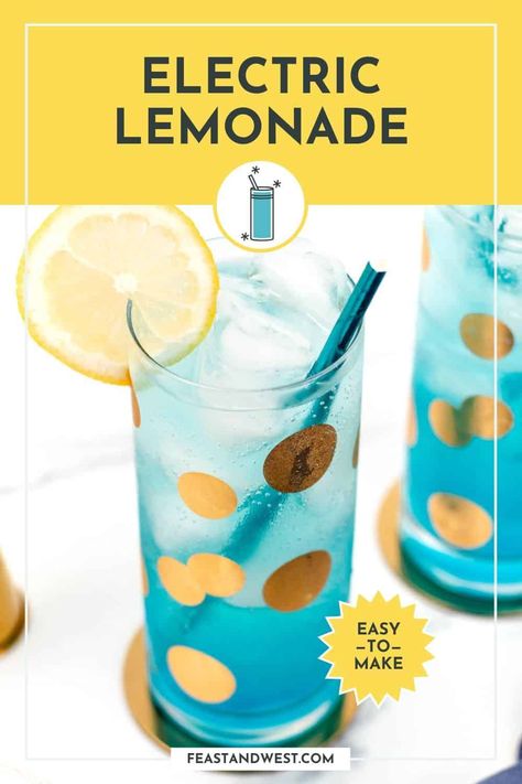 This electric lemonade cocktail is essentially an adult version of two childhood favorites, all wrapped up in one tasty drink. https://feastandwest.com/electric-lemonade/ Electric Lemonade Recipe, Electric Lemonade, Candied Lemon Slices, Peach Daiquiri, Blue Margarita, Summer Shandy, Lemon Vodka, Popcorn Shrimp, Mule Recipe