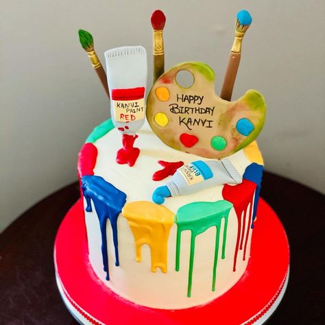 Rashmi on Instagram: “Colors, paint theme cake. Thank you @artisanaccents for these beautiful vibrant colors. Cake inspired from LouiseSandycistomcakes.…” Edible Paint For Cakes, Painter Cake, Cake Artwork, Art Birthday Cake, Red Birthday Cakes, Puzzle Pictures, Nursing Cake, Whiskey Cake, Artist Cake