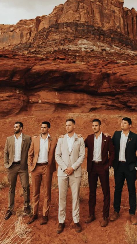 terracotta wedding groomsmen Cinnamon Tuxedo Wedding, Groom Earth Tones, Boho Fall Wedding Groomsmen, Desert Wedding Party Attire, Men’s Fall Wedding Colors, Boho Wedding Groomsmen Attire, Terra Cotta Wedding Groomsmen, Fall Wedding Colors Men, Desert Groomsmen Attire