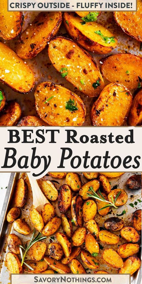 Roasted Baby Potatoes are not only delicious, but they also look so pretty! Try them as a side dish for your next big family dinner or holiday gathering – these are always a big hit with everyone! | #babypotatoes #potatoes #easyrecipes How To Cook Fingerling Potatoes In Oven, Tasteful Selections Potatoes, Crispy New Potatoes, Roasted Baby Potatoes And Carrots, Fingerlings Potatoes Recipes, Finger Link Potatoes Recipes, Recipes With Fingerling Potatoes, Baked Fingerling Potatoes In The Oven, Best Fingerling Potatoes Recipe