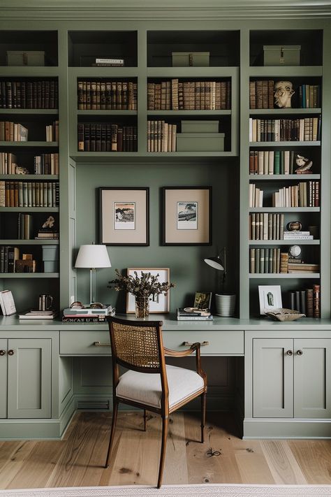 wall of built in bookshelves painted an olive green with a desk and desk chair Sewing Room And Office Combo, Office Ideas Dark Green, Masculine Office Guest Room Combo, Craftsman Style Office, Green Wall Office Design, Green Office Inspiration, Earth Tone Home Office, Sophisticated Office Design, Green And Blue Office