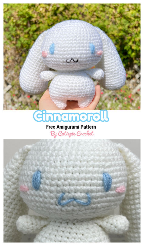 This is a free and relatively beginner-friendly crochet pattern to make your very own amigurumi Cinnamoroll Plushie Crochet Hanging Pattern, Cute Plushie Crochet Pattern, Cute Crochet Plushie Pattern, Crochet Hello Kitty Plushies, Crochet Plush Pillow Free Pattern, Sanrio Characters Crochet Pattern, How To Crochet Cinnamoroll, Cute Easy Free Crochet Patterns, Cinnamoroll Amigurumi Free Pattern