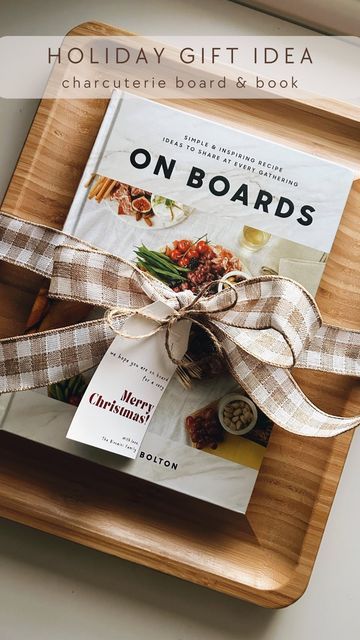 Alicia Biscaini | Marrily Market on Instagram: "An easy gift idea for the holidays - who doesn’t love charcuterie?! This charcuterie board from #amazon is AMAZING and comes with cheese knives! And there are sooo many great recipe books for board ideas ✨ See stories & highlights for some of my favs! . . . . #amazonfinds #giftideas #amazoncanada #amazongiftideas #amazon #christmasgifts #christmasgiftideas #hostessgift #giftideas" Recipe Gift Basket Ideas, Charcuterie Themed Gift Basket, Gifting A Charcuterie Board, Wrapping Charcuterie Board Gift, Charcuterie Board Wrapping Ideas, Cheese Board Gift Ideas Diy, Teacher Charcuterie Board Gift, How To Gift A Charcuterie Board, Charcuterie Board Christmas Gift