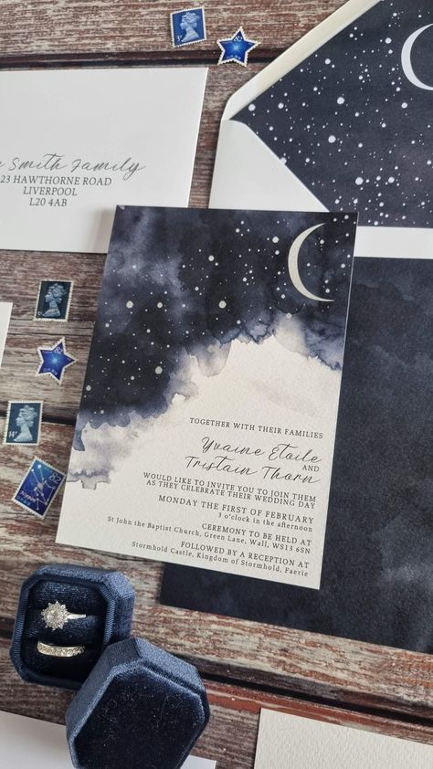 Wedding Invitations Starry Night, Starry Night Invitation Debut, Galaxy Wedding Invitations, Starry Wedding Invitations, Night Sky Quinceanera Theme, Night Court Aesthetic Acotar Wedding, Starry Night Wedding Invitations, Night Sky Wedding Theme, Star Wedding Theme