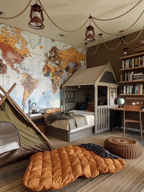 21 Teen Boy Bedroom Decor Ideas – The DIY Desire Mountain Room Ideas, Vintage Camping Bedroom, Big Kid Room Boy Bedrooms, Kids Hunting Bedroom, Boys Canopy Bed, Kids Adventure Bedroom, Camping Kids Room, Nerf Bedroom Ideas, Boy Room Makeover Ideas