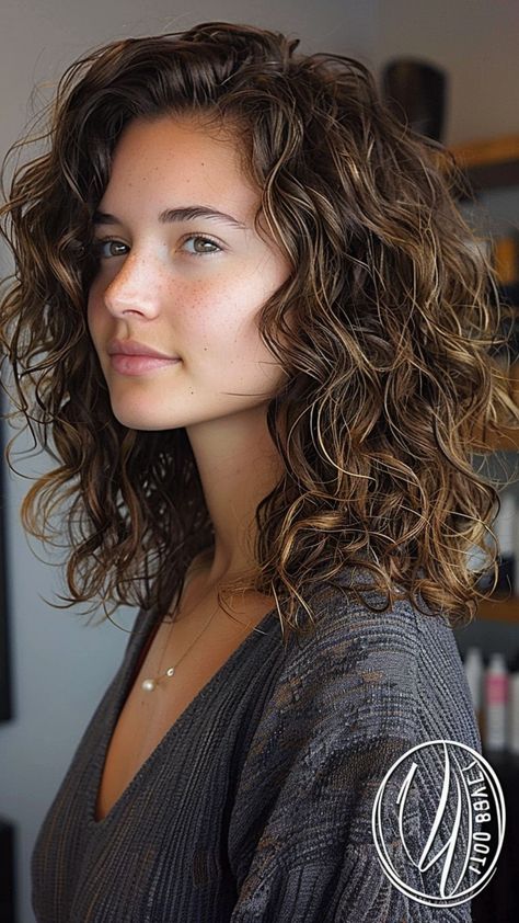 25 Trendy Layered Hairstyles for 2024 Layered Lob Curly Hair, Perm On Shoulder Length Hair, Round Wavy Haircut, Short Curly Haircuts Shoulder Length, Haircut Wavy Curly Hair, Curly Collarbone Length Hair, Layer Curly Haircut, Curly Mom Haircut, Haircut For 2c Hair