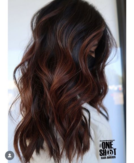 Brown Balayage With Copper Tones, Copper On Dark Brown Hair, Cowboy Caviar Hair Color, Red Balayage On Black Hair Indian, Dark Copper Highlights On Black Hair, Auburn Balayage Black Hair, Cowboy Copper On Dark Hair, Black And Auburn Balayage, Dark Hair Copper Balayage