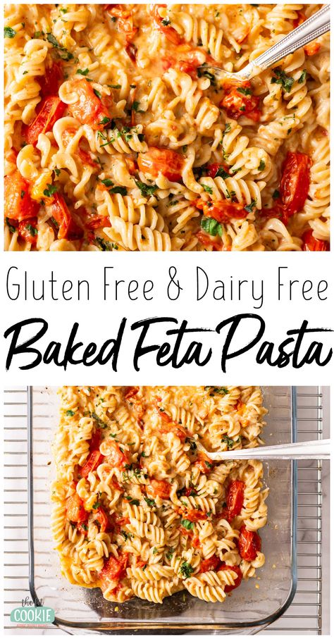 Our gluten free and dairy free version of the viral baked feta pasta makes an easy and fuss-free weeknight meal! You can leave this recipe as-is for a vegan version, or you can add chicken sausage for a complete dinner with added protein. | thefitcookie.com Gf Df Chicken Dinner Recipes, Dairy Free Feta Pasta, Gluten Free Meat Recipes, Gluten Dairy Soy Free Recipes Dinners, Easy Dairy Free Freezer Meals, Freezer Meals Gluten Free Dairy Free, Dairy Free Budget Meals, Gluten Free Gnocchi Recipes Dishes, Gluten Free Recipes Meals