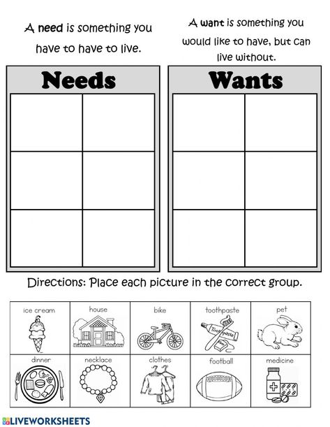 Needs And Wants Worksheet, Needs Vs Wants, Kindergarten Social Studies, History Worksheets, Needs And Wants, Map Skills, Social Studies Worksheets, 1st Grade Worksheets, School Worksheets