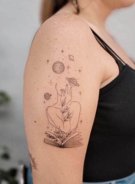 Woman Universe Tattoo, Tattoo Ideas For Overthinkers Women, Patch Sleeve Tattoo Women Minimal, Space Head Tattoo, Fineline Book Tattoo, The Reader Tattoo, Head In Space Tattoo, Overthinking Tattoos For Women, Smart Tattoo Ideas