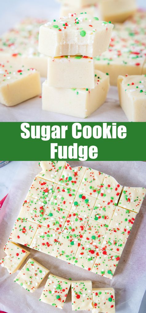 This Sugar Cookie Fudge packs all the flavor of classic sugar cookies in a quick and easy no-bake recipe. Have fun decorating it with your favorite sprinkles to make it match any occasion! Fudge Recipes With Powdered Sugar, 3 Ingredient Sugar Cookie Fudge, Fudge Recipes Flavors, Snickerdoodle Fudge Easy, Easy Gift Desserts, Cookies And Cream Fudge 3 Ingredient, Easy Fudge Recipe 2 Ingredients, Dessert Recipes Christmas Easy, Fudge Recipes For Christmas