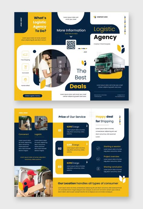 Logistic Brochure Template AI, EPS Brosure Design Ideas, Logistics Brochure, School Folder Design, Graphic Brochure, Brochure Design Ideas, Print Design Brochure, Desain Ux, Logistics Design, Logo Design Coffee