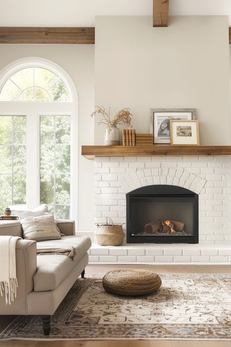 15 Captivating White Brick Fireplace Ideas to Transform Your Home – Everyday Inspo White Fireplace Brick With Wood Mantel, White Brick Fireplace Green Walls, White Brick Gas Fireplace, Gas Fireplace Modern Farmhouse, Fireplace Remodel Brick, Living Rooms With Brick Fireplace, Cottage Style Fireplace Ideas, Remodeled Fireplace Before And After, Beige Fireplace Brick