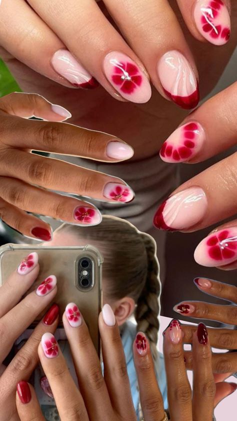 Biab Nails Inspiration Summer 2024, Red Flower Nails, Blush Nails, French Tip Acrylic Nails, Summery Nails, Soft Nails, Girls Nails, Short Acrylic Nails Designs, Hot Nails