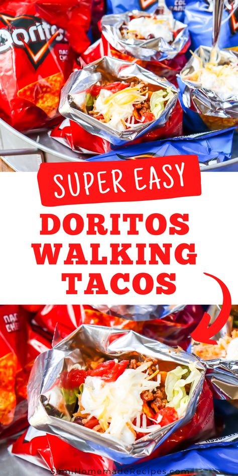 Doritos Walking Tacos - Easy and Mess Free! Fill these Doritos bags with all of your favorite taco toppings and dig in! Walking Tacos Recipe, Tacos Easy, Kids Lunch Box Meals, Taco Toppings, Walking Tacos, Crispy Tacos, Tacos And Burritos, Tailgate Food, Pub Food