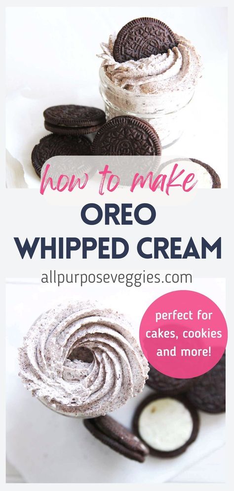 This super fun and easy Oreo Whipped Cream is a party favorite, and actually a time machine in disguise :) Featuring a creamy blend of crushed Oreos, heavy cream, and a touch of vanilla, it's a decadent topping that will bring back all the sweet nostalgia of childhood treats. Just perfect for frosting your desserts, from cakes to cupcakes to give that delicious cookie and cream flavor #whippedcream #chantillycream #frosting #oreo #oreofrosting #cookiesandcream Whipped Cream Icing For Cupcakes, Oreo Frosting Recipe Easy, Cookies With Whipped Cream, Oreo Frosting Whipped, Whipped Cream Cupcake Frosting, Cookies And Cream Whipped Frosting, Cupcake Whipped Cream Frosting, Cookies And Cream Whipped Cream, Oreo Cream Frosting