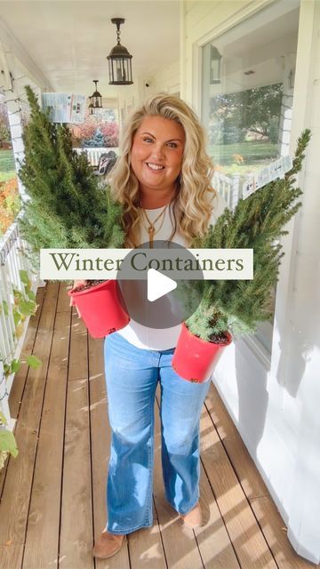 Skye Hamilton • Home & Garden • Hydrangea Queen on Instagram: "Dwarf Alberta Spruce anchors the center of all my porch containers year round. They are the perfect evergreen to plant around, and they are especially fabulous during the holidays. Especially since they are readily available in the nursery section of the big box stores in the Christmas area. They are the same ones they have all year they just put them in a red pot. Follow along as I do up my outdoor containers for the holidays 🌲🎁 #containergardening #holidaycontainers #christmaspots" Outdoor Container Christmas Decorations, Pine Porch Pots, Fountains Decorated For Christmas, Front Porch Christmas Planter Ideas, Alberta Spruce In Containers, Evergreen Christmas Planters, Year Round Porch Decor, Christmas Tree In Pot Ideas, Christmas Tree Urns Outdoor