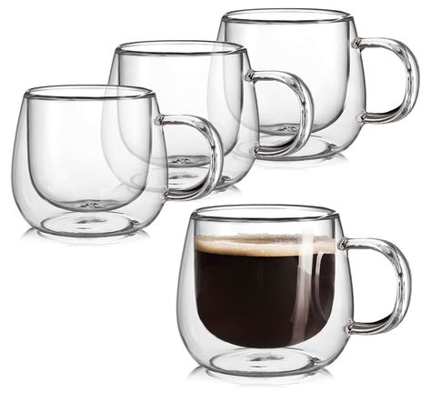 BNUNWISH Double Wall Glass Coffee Mugs 10oz Set of 4 Insulated Clear Tea Cups with Handle, Perfect for Espresso, Latte and Cappuccinos Clear Coffee Mugs, Double Wall Glass, Glass Tea Cups, Glass Coffee Cups, Insulated Coffee Mugs, Double Glass, Cappuccino Cups, Glass Coffee Mugs, Cawan Kopi