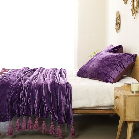 Purple Luxe Velvet Bedspread Velvet Throw Blanket With Handmade Knotted Tassel Soft Velvet Boho Sofa Throw For Living Room UO Christmas Gift End Of Bed Blanket Velvet, Purple Bed Throws, Hot Pink Velvet Blanket, Purple Throw Blanket, Dark Purple Throw Blanket, Velvet Throw Blanket, Velvet Bedding, Living Room Christmas, Velvet Bedspread