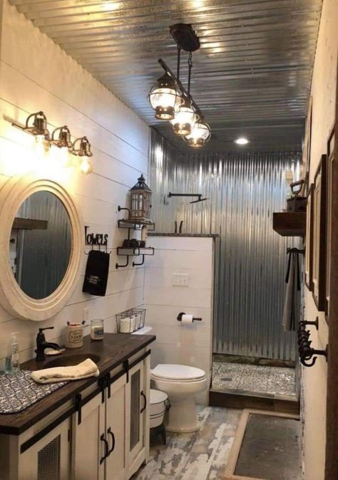 Tin In Shower Rustic Bathrooms, Tin On Walls Ideas Bathroom, Laundry Room Shower Ideas, Tin Walls In Bathroom, Tin Bathroom Ceiling, Galvanized Steel Shower Walls, Tin Bathroom Ideas Farmhouse, Galvanized Tin Shower Walls, Bathroom With Tin Ceiling