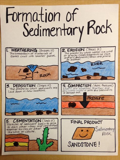 Formation of Sedimentary Rock                                                                                                                                                                                 More Sedimentary Rock Formation Anchor Chart, Sedimentary Rocks Activities, Formation Of Sedimentary Rocks, Sedimentary Rock Anchor Chart, Rock Layers, Rock Cycle Activities, Science Anchor Charts 5th Grade, Sedimentary Rock Activities, Rock Cycle Project