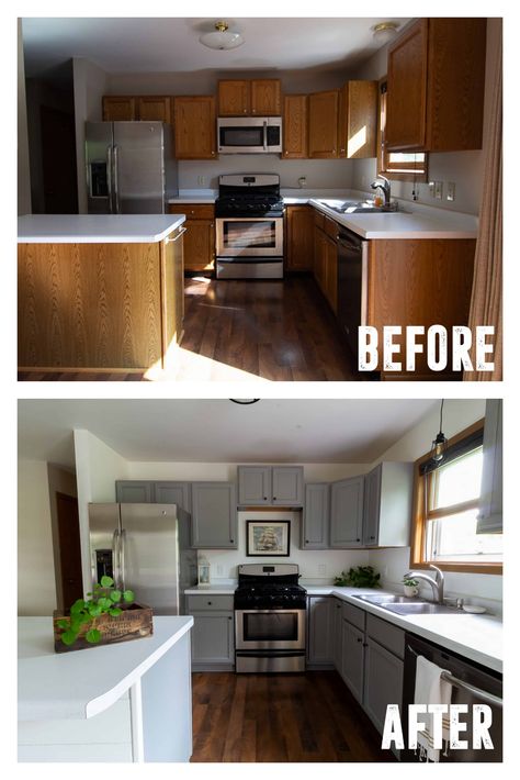 Farmhouse Kitchen Makeover On A Budget, Fix And Flip Houses Ideas, Rehab Kitchen, House Remodeling Ideas, House Renovation Ideas, Grey Painted Kitchen, Dapur Rustic, Mobile Home Renovations, Affordable Kitchen