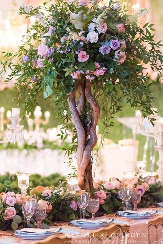 tall wedding centerpieces on a table decorated with flowers a green tree blooming with roses 5ive15ifteen photo company via instagram Elegant Tablescapes, Tall Wedding Centerpieces, Tree Centerpieces, Unique Wedding Flowers, Wedding Floral Centerpieces, Tall Centerpieces, Wedding Event Design, Flower Centerpieces Wedding, Wedding Table Decorations