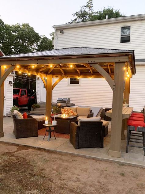 A Great Gazebo! 😀 - Yardistry Structures - Gazebos, Pergolas and Pavilions Backyard Pergola Decor, Patio And Gazebo Ideas, Backyard Gazebo With Fire Pit, Patio With Gazebo And Fire Pit, Back Patio Gazebo Ideas, Back Deck Gazebo Ideas, Backyard Patio With Gazebo, Diy Pool Gazebo, Backyard Patio Gazebo