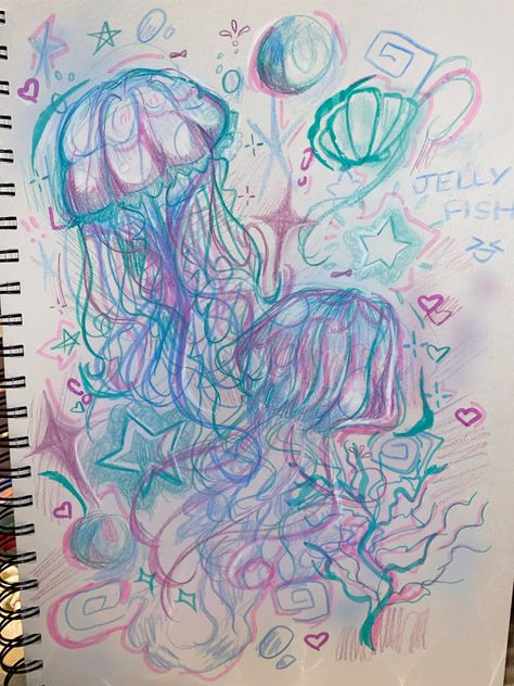 Y2k Drawing Aesthetic, Jelly Fish Art Drawing, Sketchbook Mixed Media, Jelly Artstyle Traditional, Jelly Art Sketch, Jelly Fish Drawing Color, Art Ideas Colored Pencils, How To Draw Y2k Art Style, Jellyfish Art Style