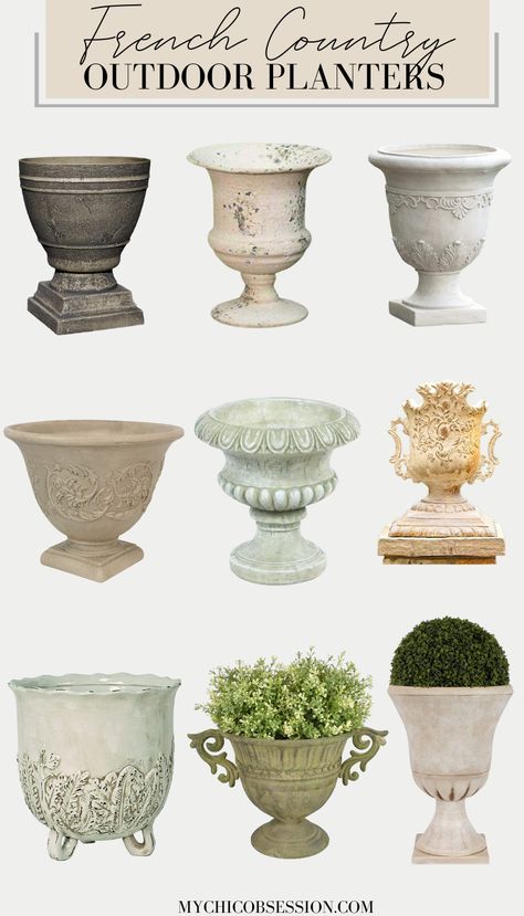 Your Guide to French Country Planters: Where To Place Them, What Plants To Use, and More! - MY CHIC OBSESSION French Country Indoor Plants, French Country Pots, French Garden Inspired Backyard, French Provence Garden, French Country Covered Patio, French Country Flower Pots, French Country Backyard Patio, French Flower Pots, French Country Patio Furniture